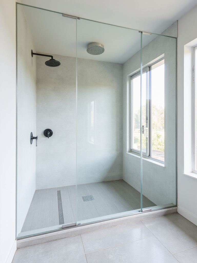 Modern bathroom with a sleek, accessible walk-in shower featuring frameless glass and a linear drain.