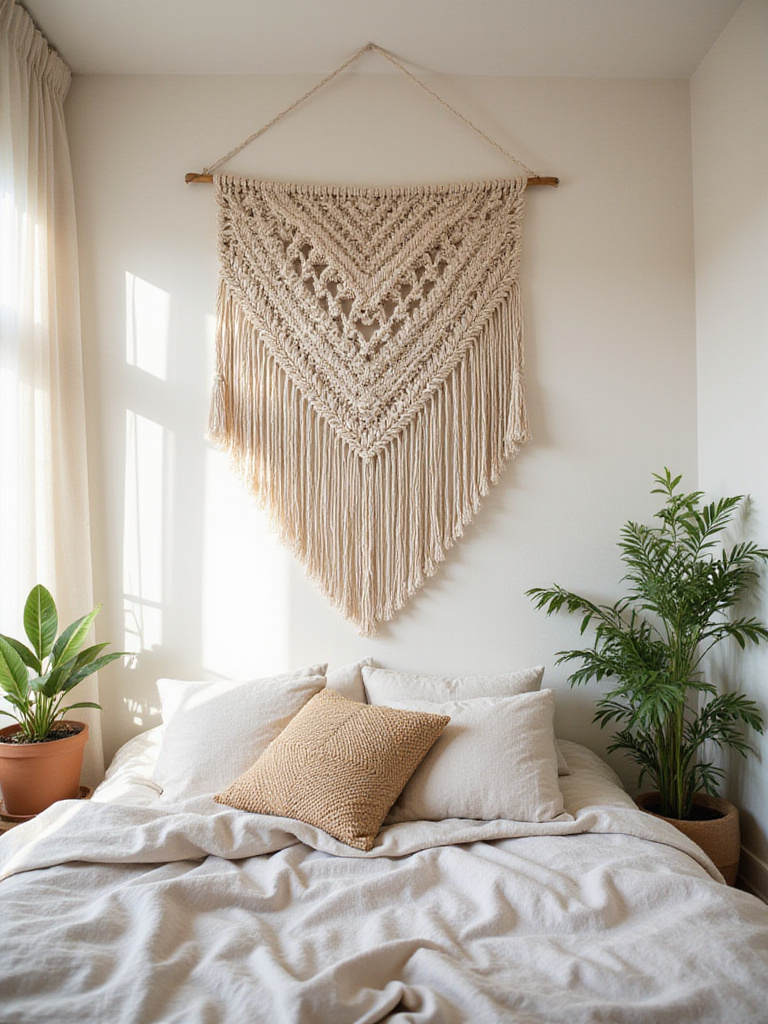 Boho bedroom with large macrame wall hanging above bed