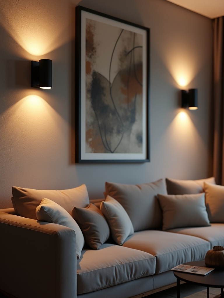 Modern living room with wall sconces flanking abstract art above a sofa.