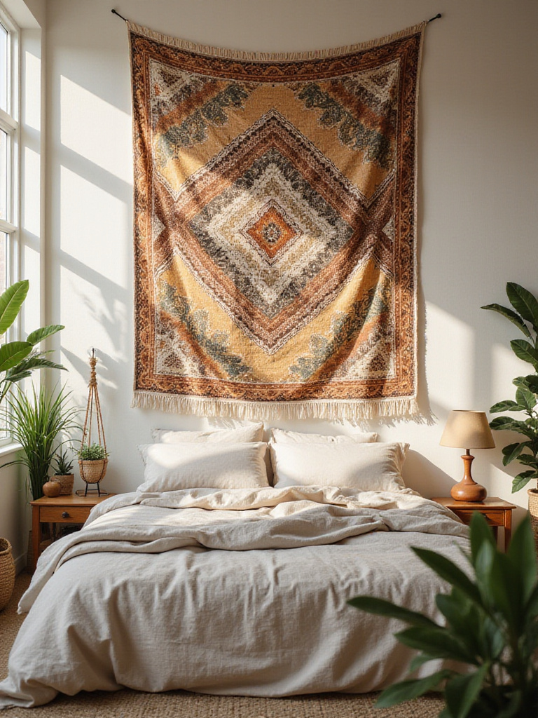 Boho bedroom with large geometric tapestry above the bed