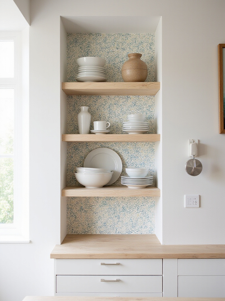 Open kitchen shelving with patterned wallpaper backing.