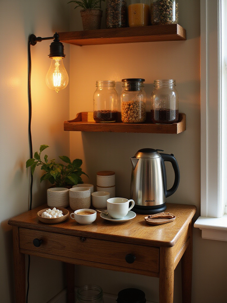 Cozy living room beverage station with tea, coffee, and hot chocolate essentials.