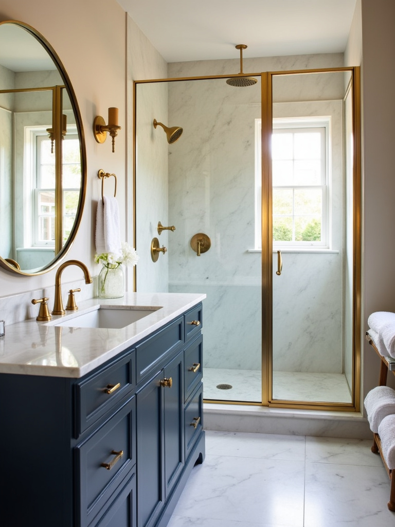 Bathroom design featuring warm metallic accents like gold and brass on fixtures, hardware, and mirror frame.