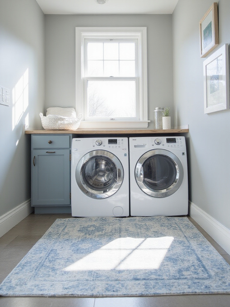 Bright and airy laundry room with a patterned washable rug in front of the washer and dryer.