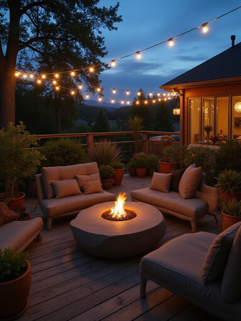 Cozy deck with modern fire pit, comfortable seating, and string lights.