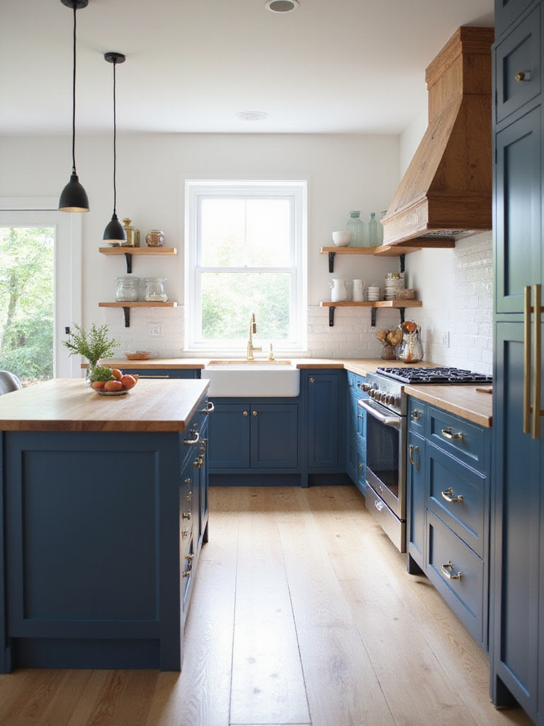 Navy blue kitchen cabinets with butcher block island for a cozy kitchen design