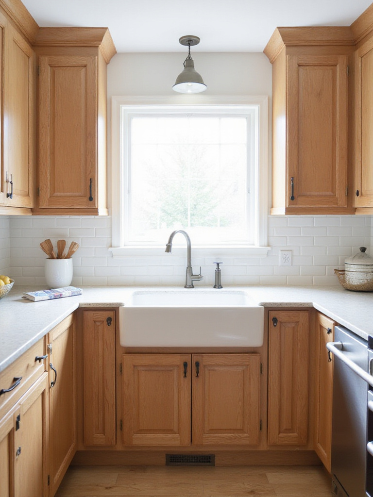 Farmhouse kitchen with warm oak wood cabinets and white quartz countertops.