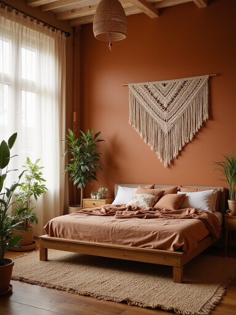 Boho bedroom with terracotta walls and layered textiles in earthy tones.