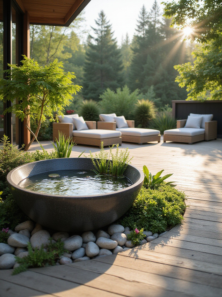 Tranquil deck with modern ceramic water bowl surrounded by river stones and lush plants.