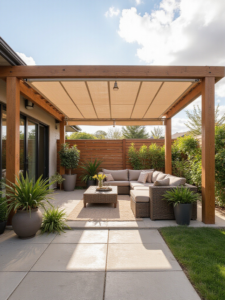 Patio pergola with retractable canopy providing shade and flexibility