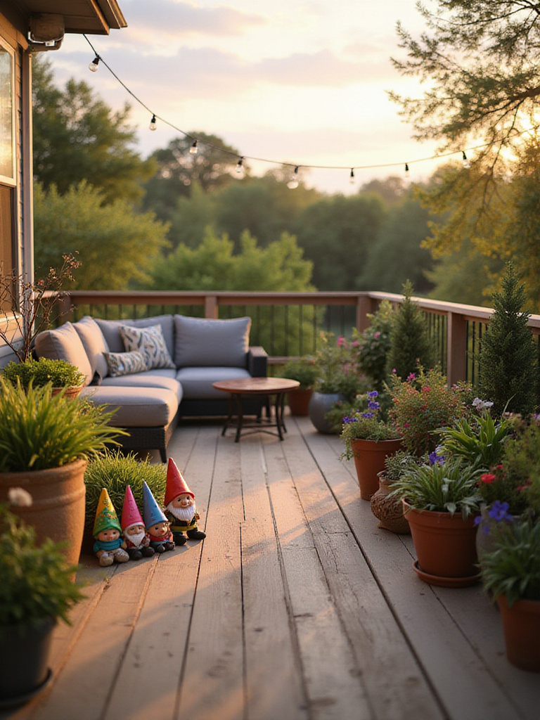 Deck decorated with garden gnomes and outdoor sculptures for a whimsical touch
