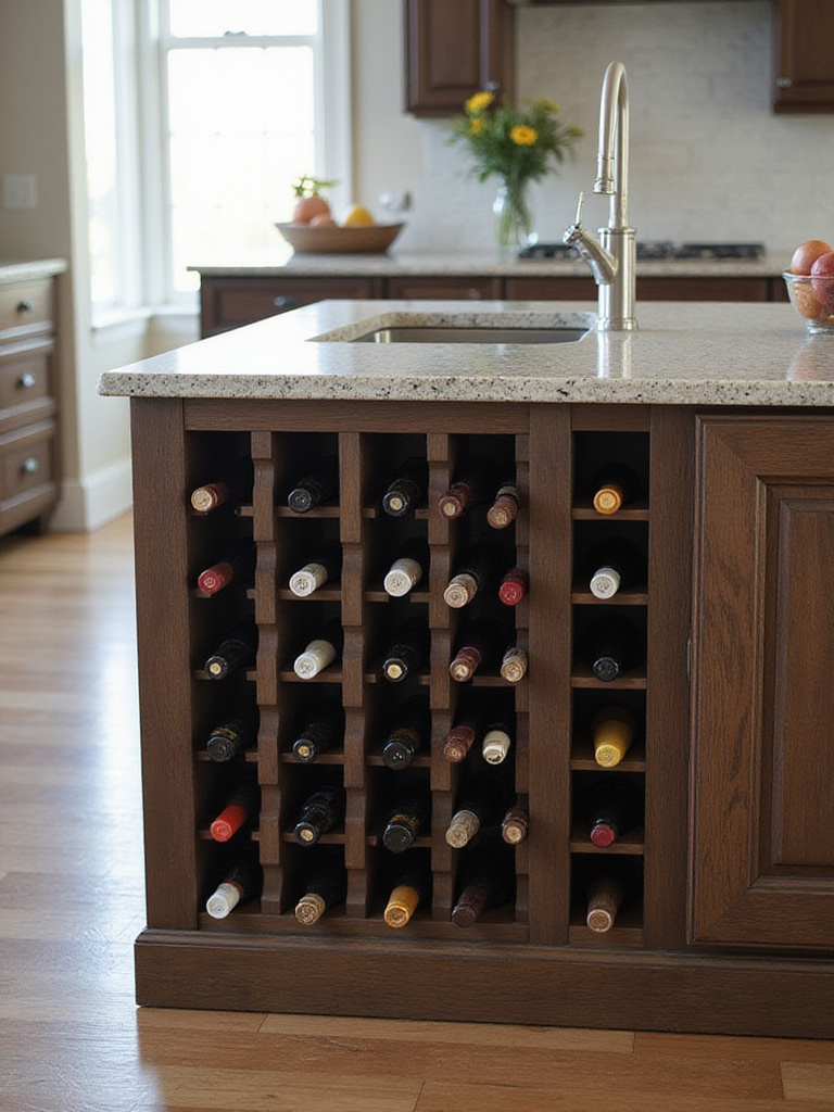 Kitchen island with vertical wine rack displaying various wine bottles.
