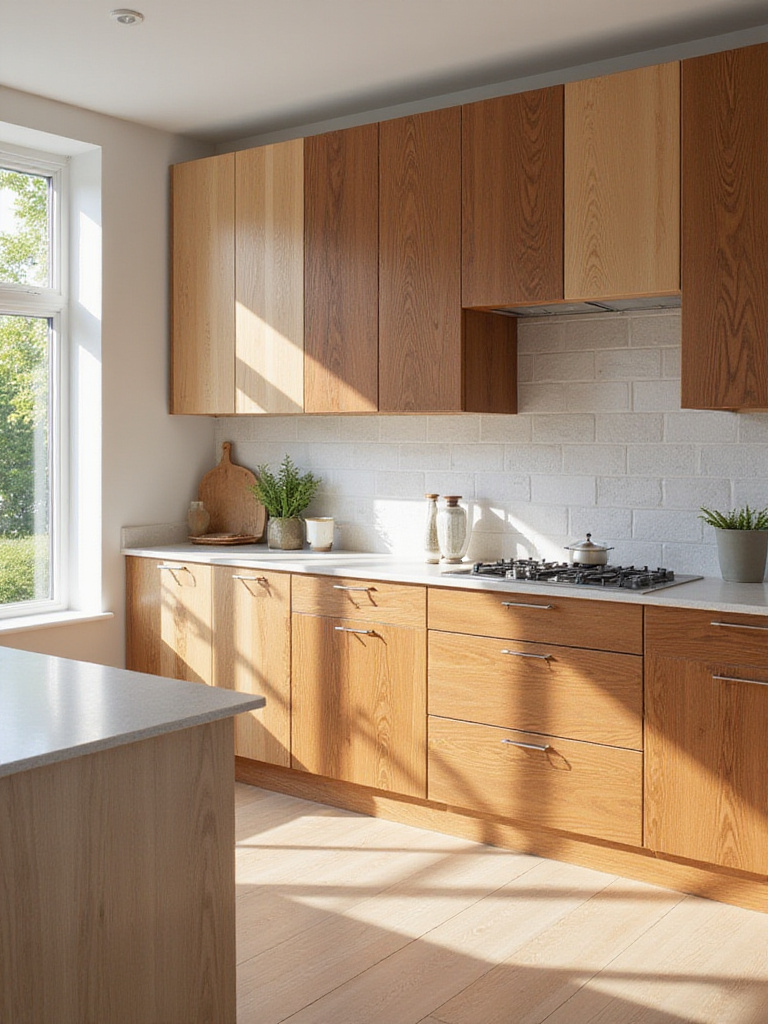 Modern kitchen with organic maple and cherry wood cabinets showcasing different natural finishes.