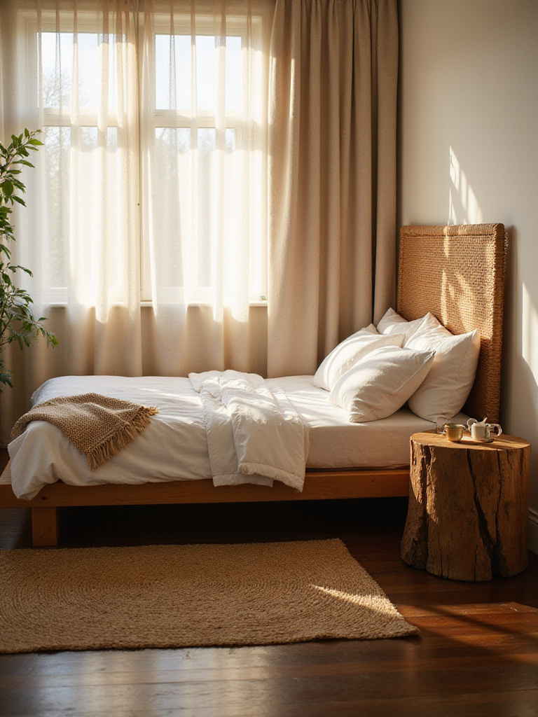 Boho bedroom featuring rustic wooden furniture including a platform bed and live-edge nightstand.