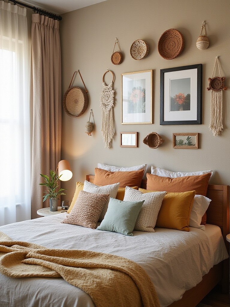 Eclectic boho gallery wall featuring art and textiles above a bed in a bohemian bedroom.