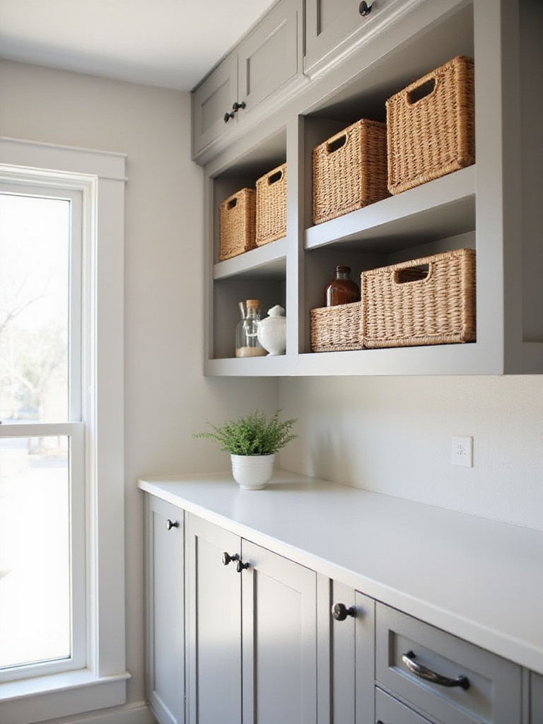 Organized kitchen above cabinet storage with matching baskets.