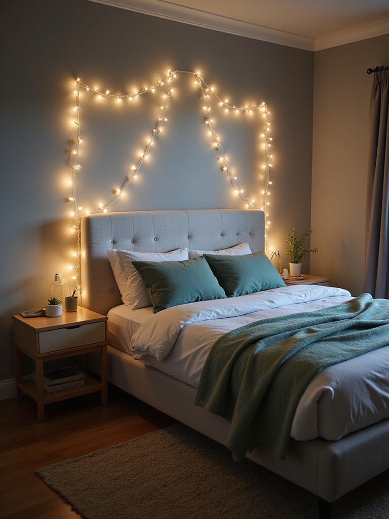 Bedroom with warm white string lights draped across the headboard creating a cozy atmosphere.