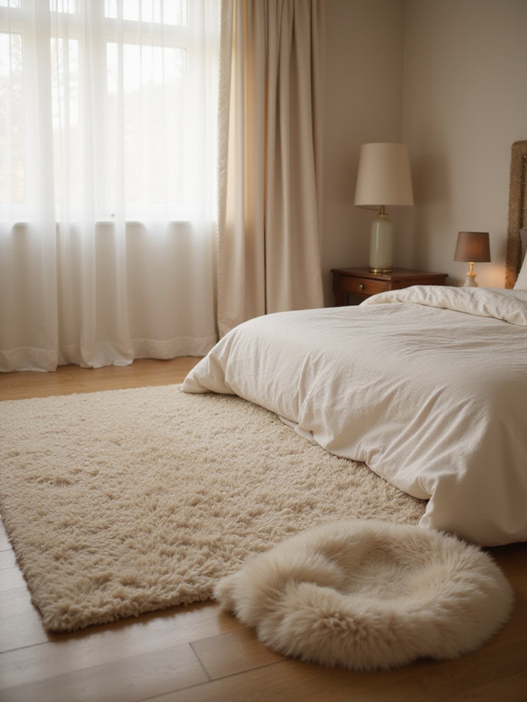 Romantic bedroom decor featuring a plush shag rug and sheepskin rug for warmth and texture.