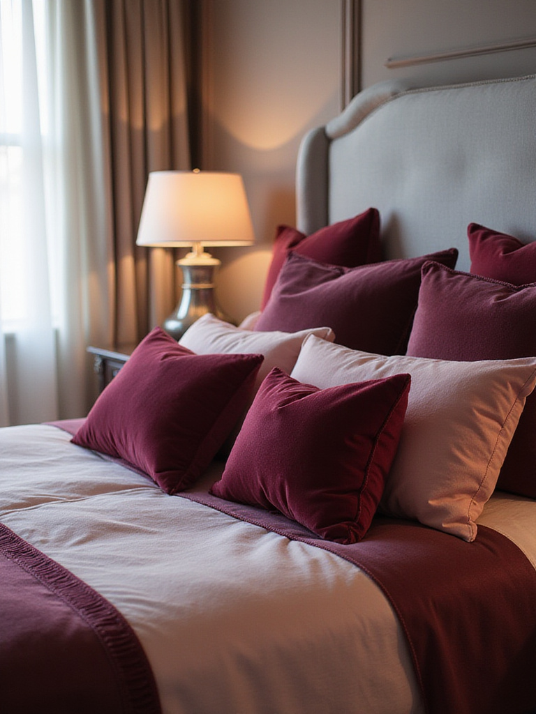 Romantic bedroom decor featuring velvet throw pillows and a soft color palette.
