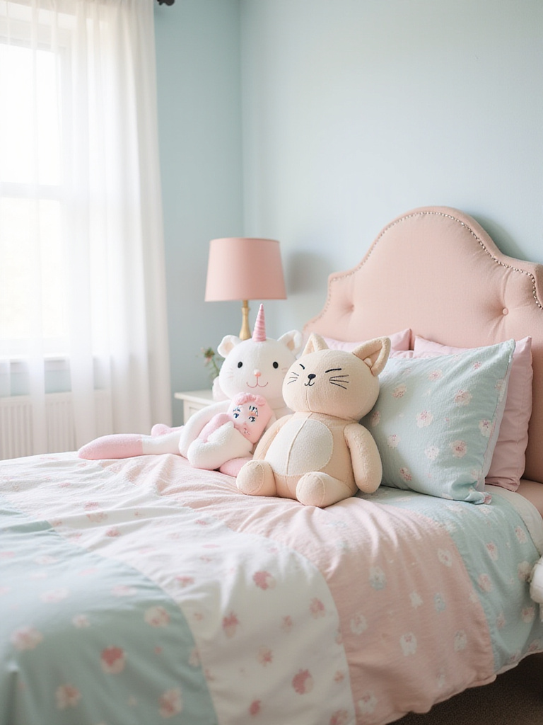 Adorable animal-shaped throw pillows decorating a girl's bedroom