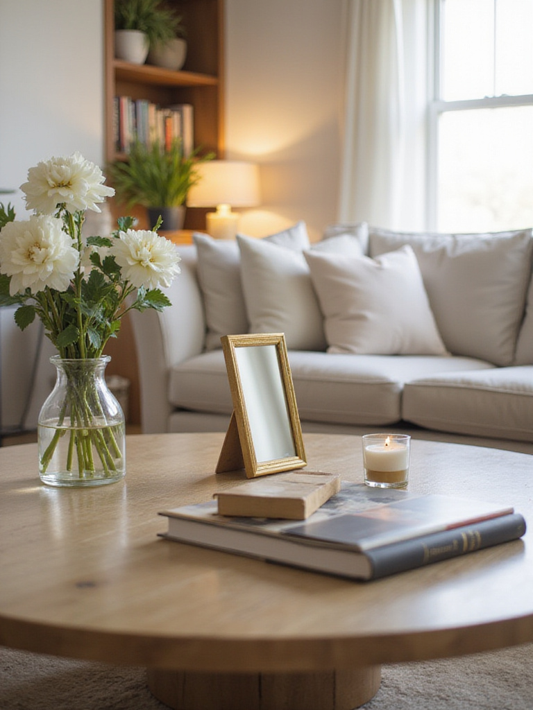 Coffee table decor featuring a small mirror, books, flowers, and a candle.
