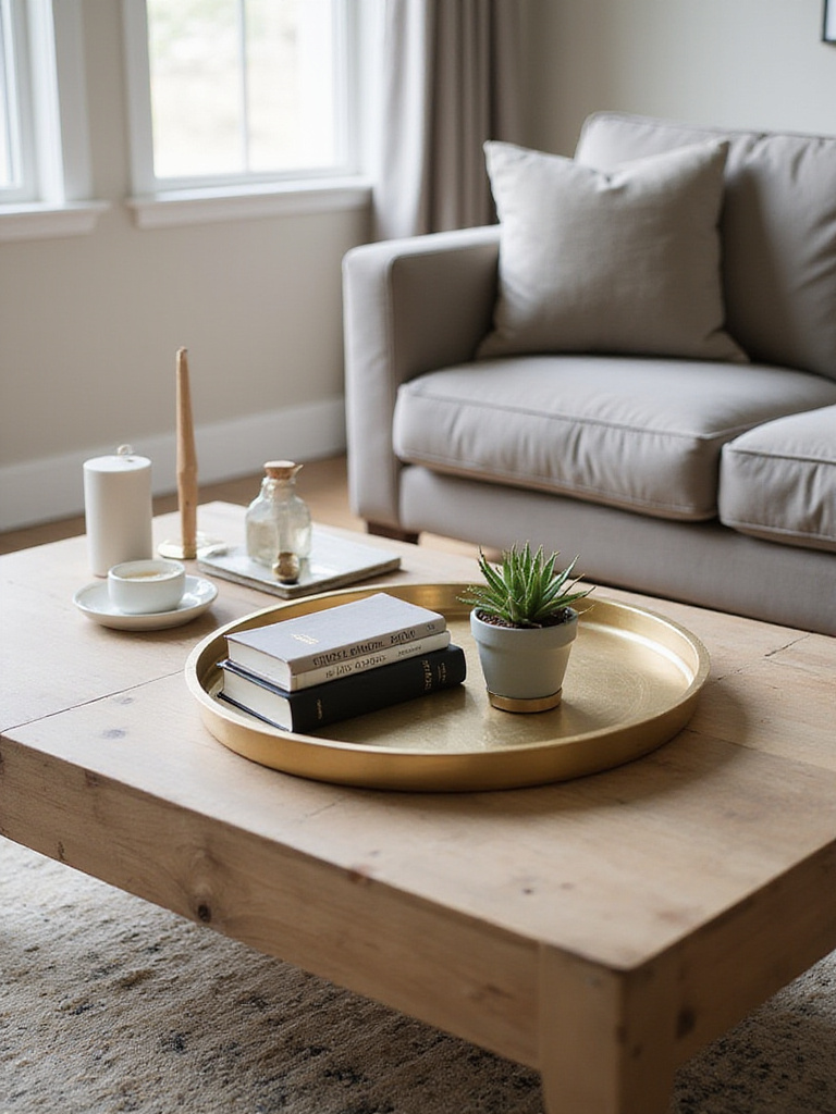 Coffee table decor featuring a brass tray with books, succulent, and candle