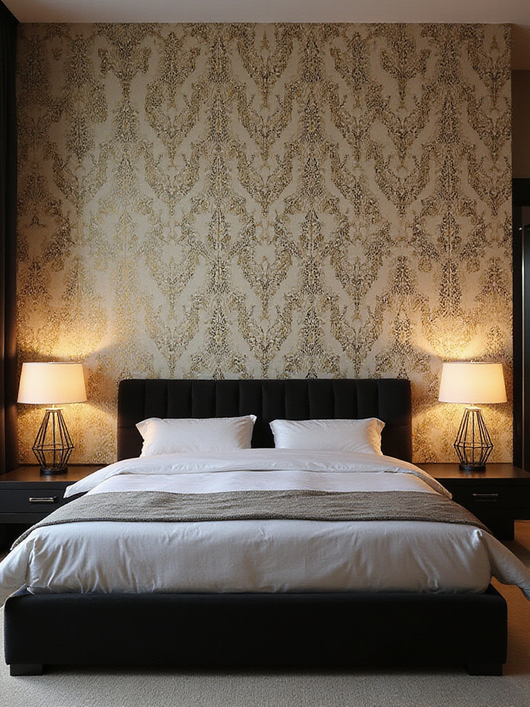 Bedroom with geometric Art Deco wallpaper feature wall behind bed.