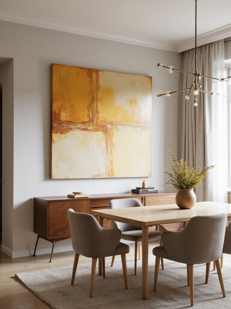 Modern dining room with abstract art focal point above sideboard