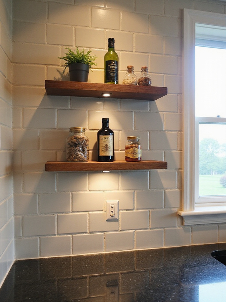 Kitchen backsplash with wooden shelves holding spices and oils, maximizing storage in a small space.