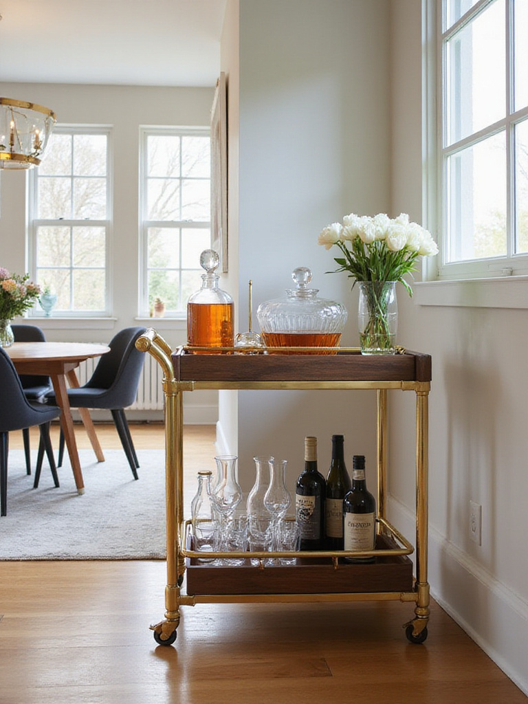 Modern dining room with stylish gold and walnut bar cart.