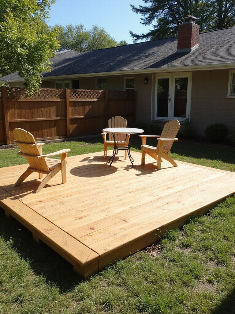 Low rectangular wooden platform deck in a sunny backyard, showcasing a simple and budget-friendly outdoor living space.