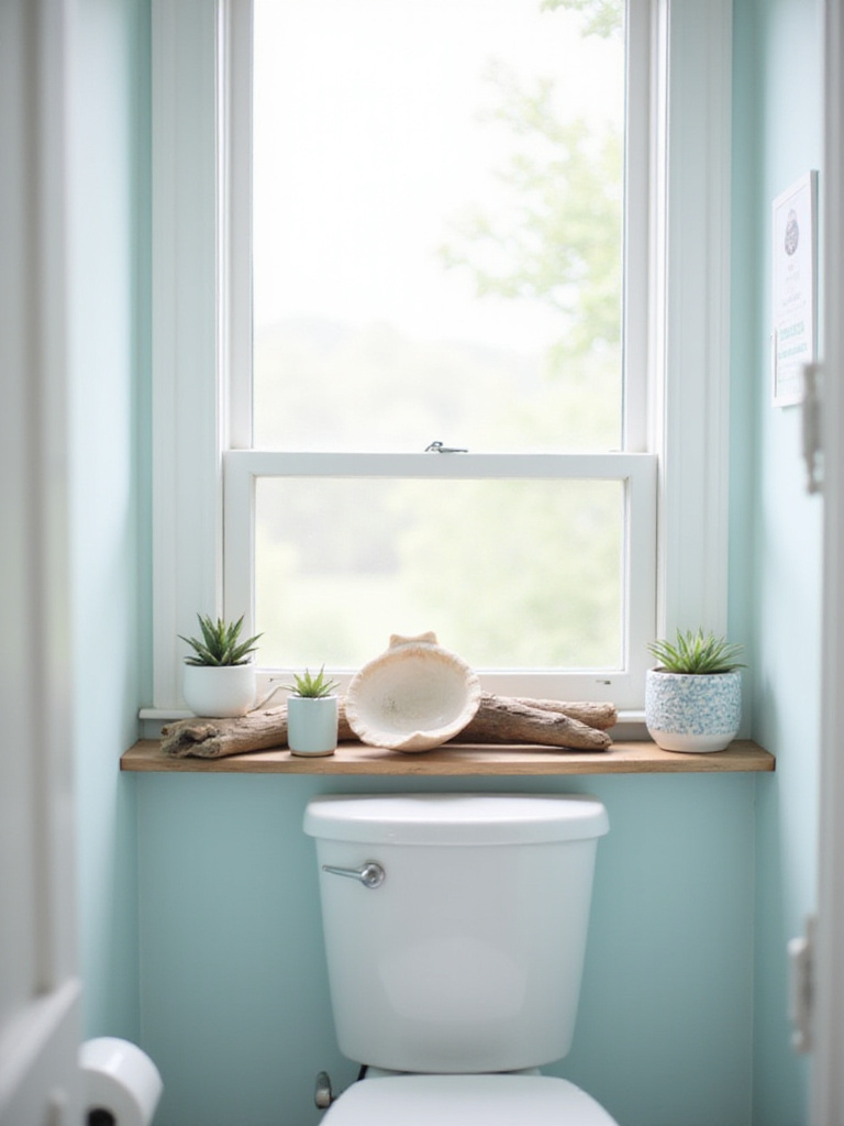 Beach bathroom with air plants and succulents in coastal planters
