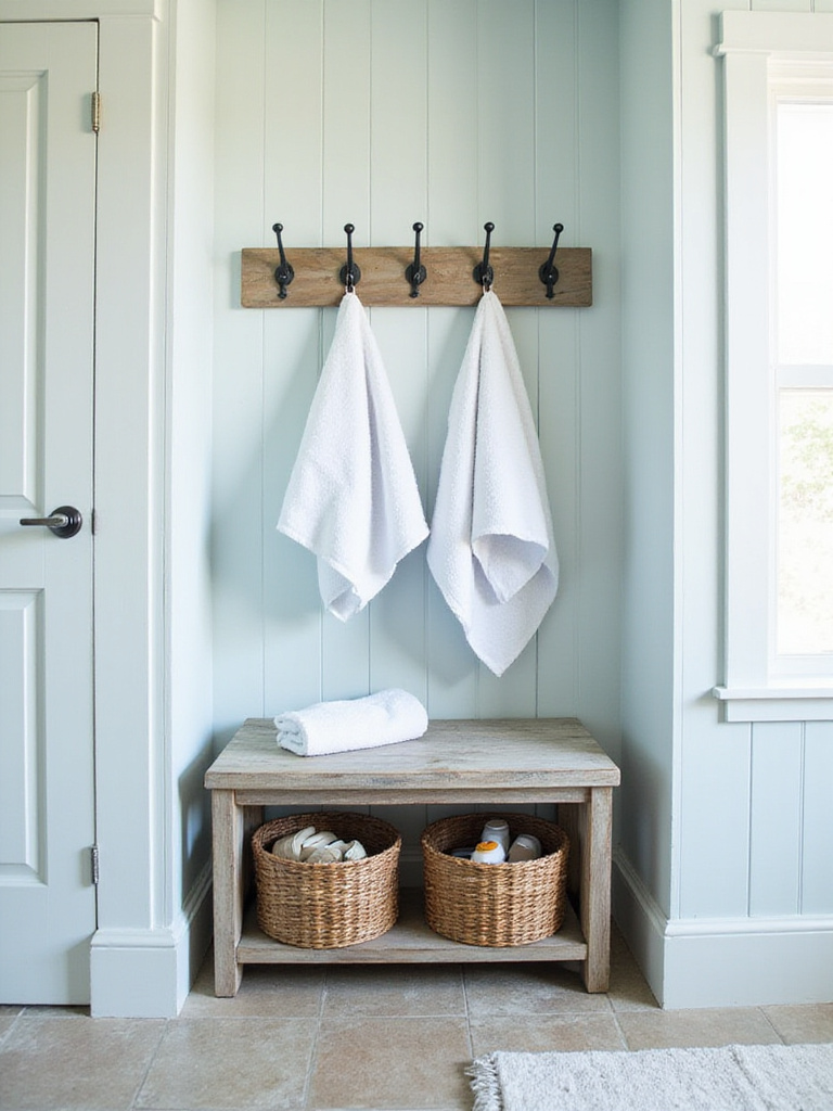 Coastal bathroom with beach gear storage featuring a wooden bench, hooks, and wicker baskets.
