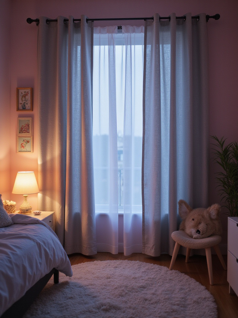 Girl's bedroom with gray blackout curtains creating a dark and peaceful sleep environment.