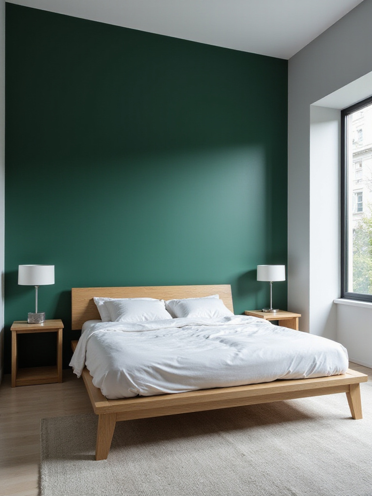 Modern bedroom with a deep emerald green accent wall behind the bed.