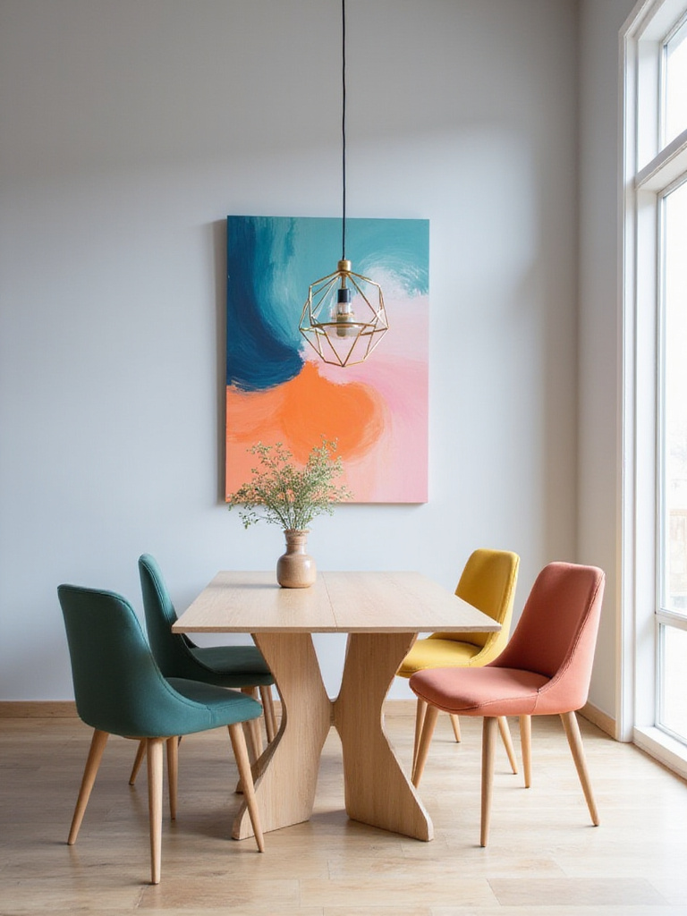Modern dining room with light grey walls, light wood table, and boldly colored chairs in teal, mustard yellow, and coral.