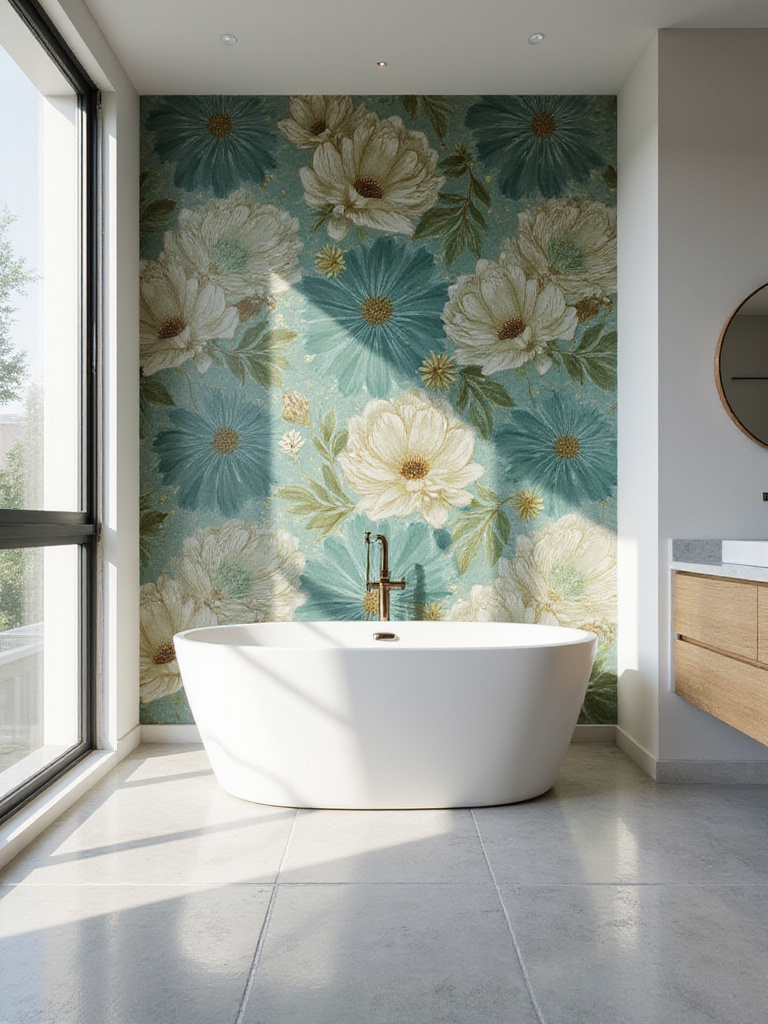 Modern bathroom with bold floral wallpaper and freestanding bathtub