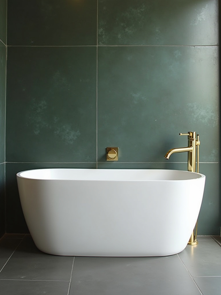 Modern bathroom with freestanding tub and gold faucet.