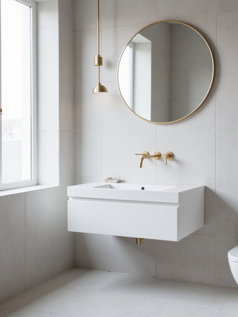 Modern bathroom with brushed gold faucet and hardware