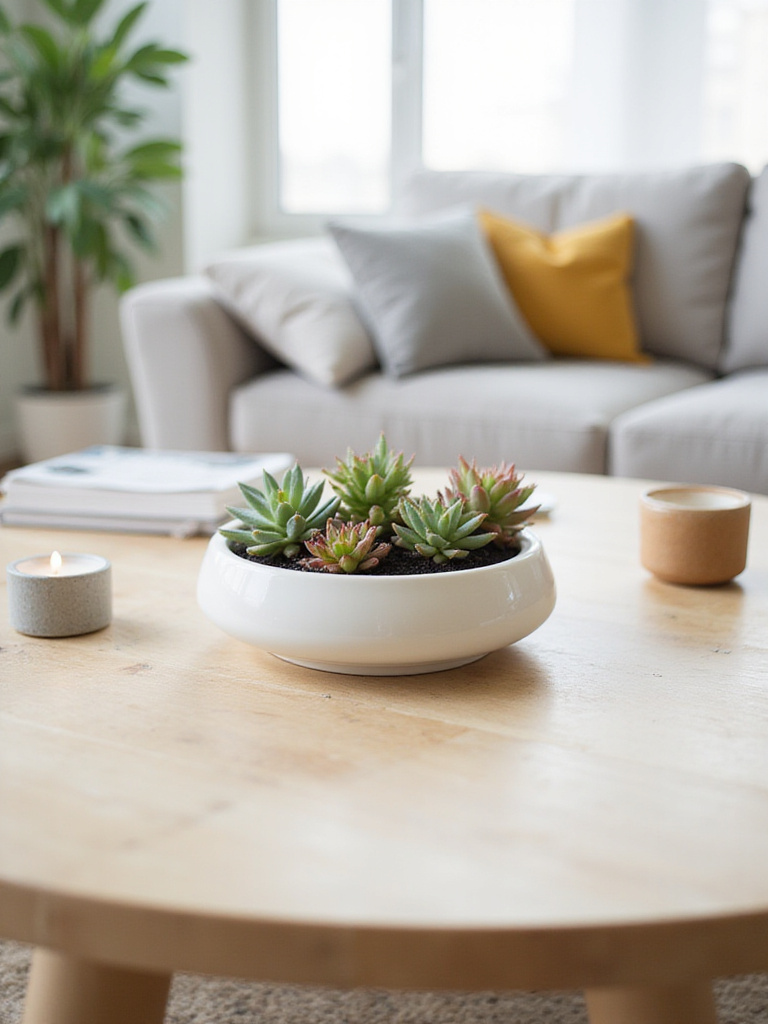 Succulents in a ceramic planter on a modern coffee table, adding a touch of green to the living room.