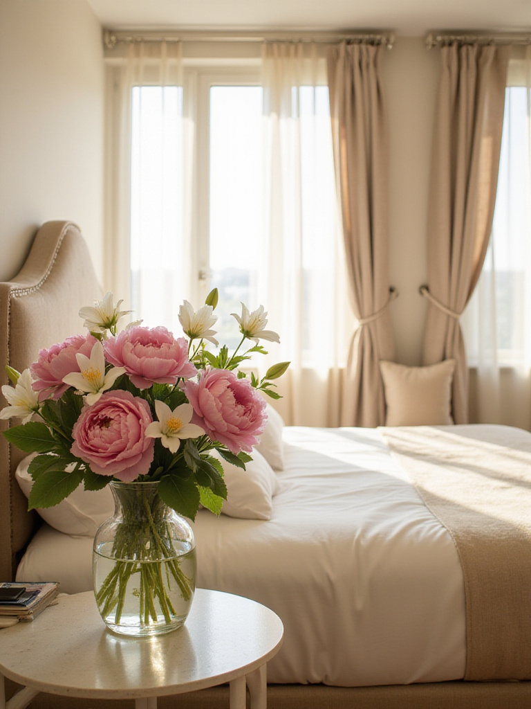 Romantic bedroom decor featuring fresh flowers in a vase on a bedside table.
