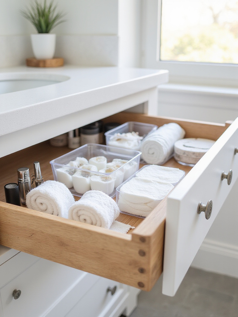 Neatly organized bathroom drawer with clear acrylic and bamboo organizers filled with toiletries.