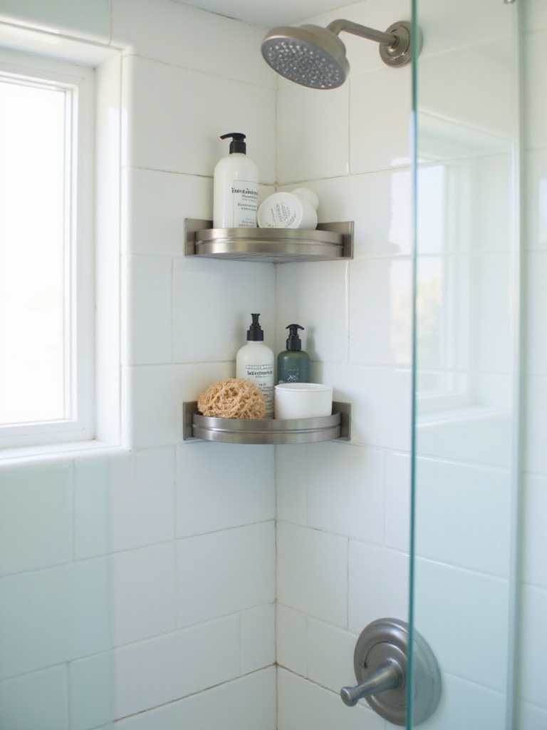 Small bathroom shower corner featuring a stainless steel shower caddy with organized shower essentials.
