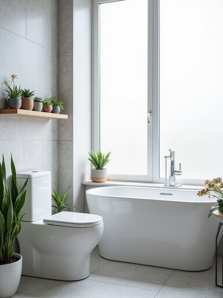 Bright modern bathroom featuring a freestanding tub, snake plant, succulents, and orchid, creating a spa-like atmosphere with natural greenery