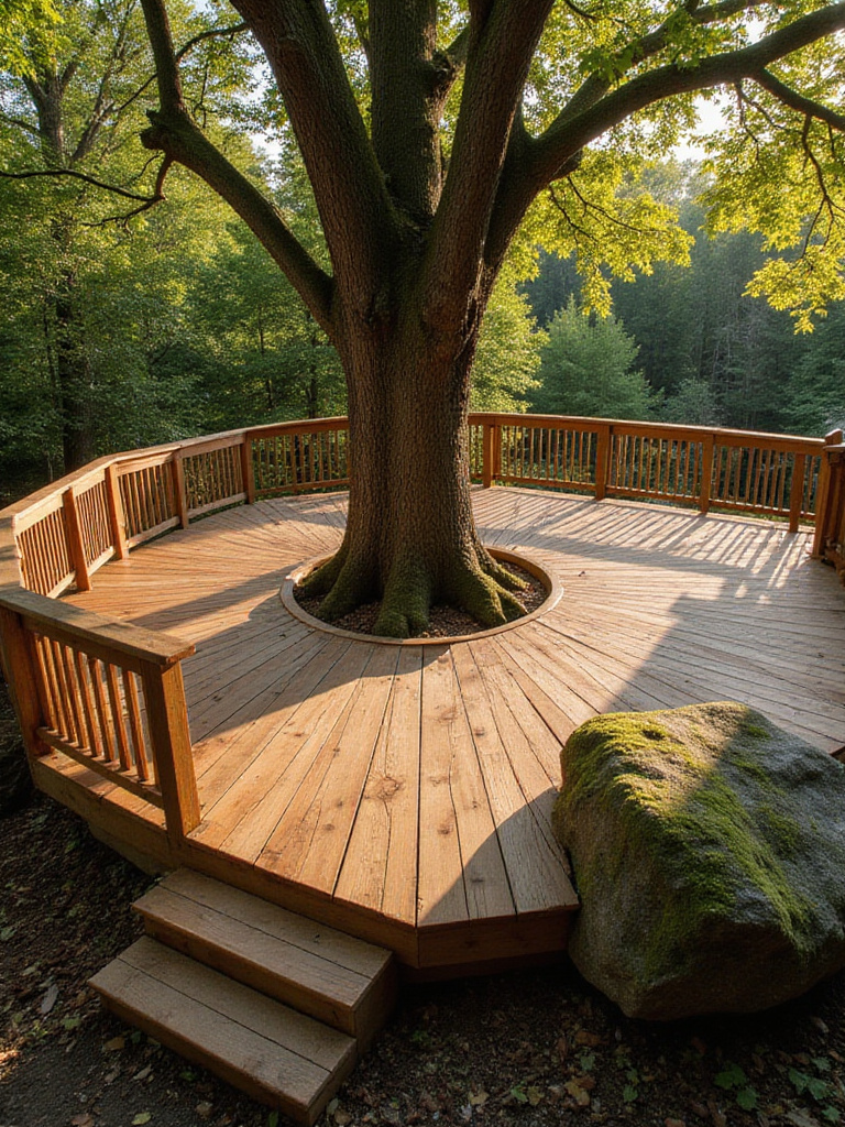 Wooden deck built around a mature tree and a large boulder, showcasing cost-saving landscape integration.