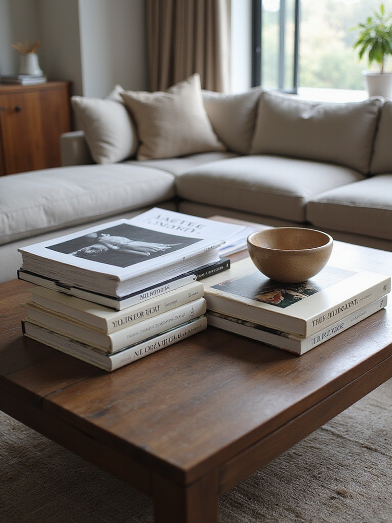 Stylish coffee table decorated with stacked coffee table books and a decorative bowl.