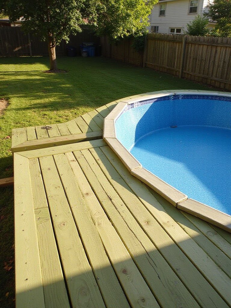 Simple wooden deck built around an above-ground swimming pool in a sunny backyard.
