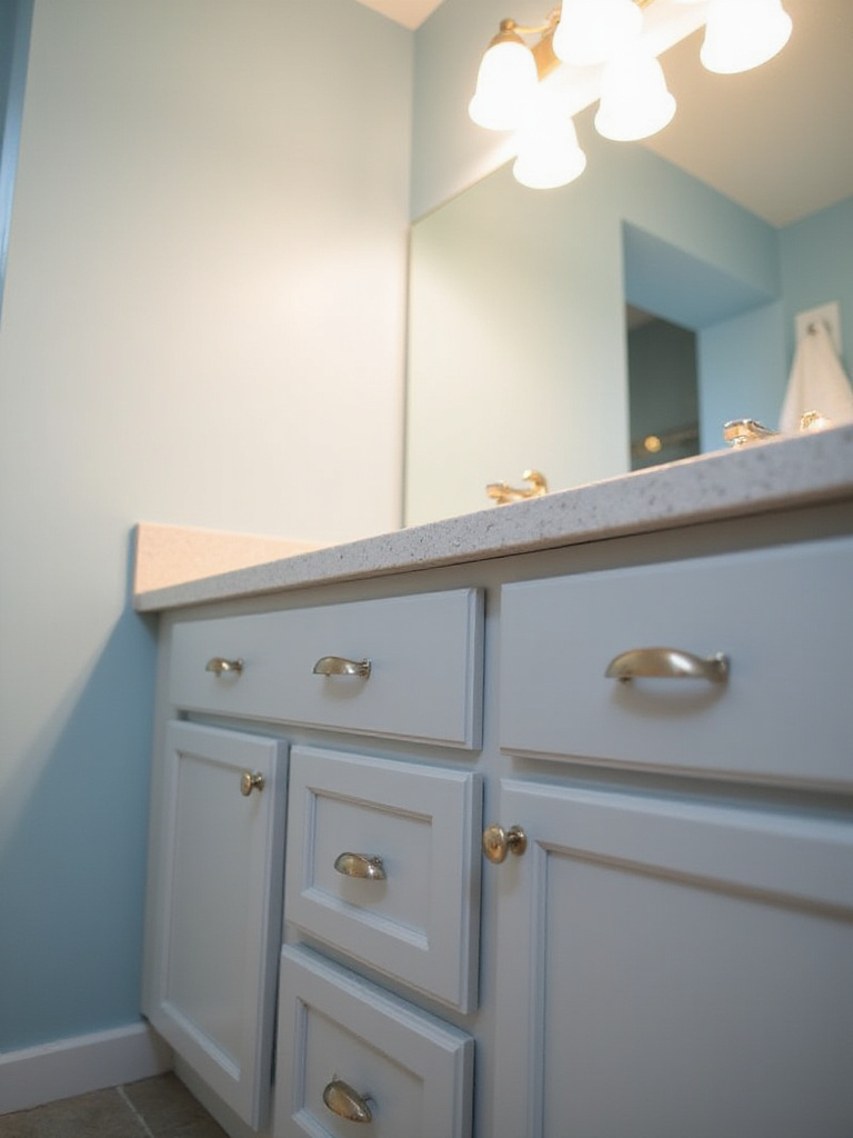 Bathroom vanity with light gray refaced cabinets and brushed nickel hardware.