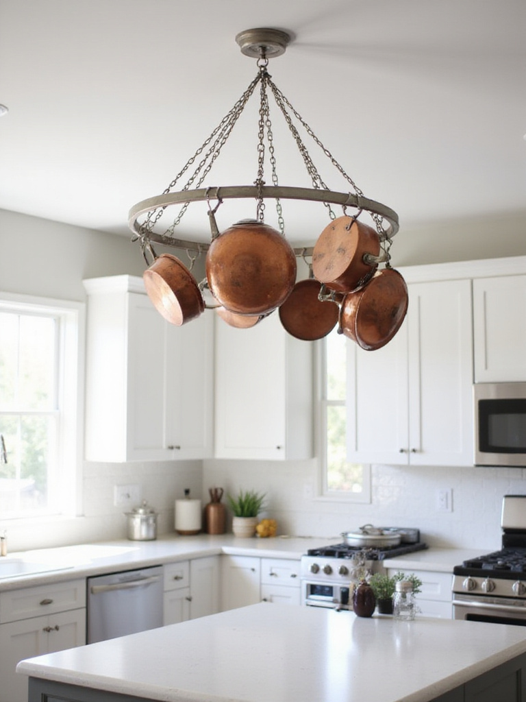 Circular stainless steel pot rack hanging above a kitchen island, storing copper pots and pans.