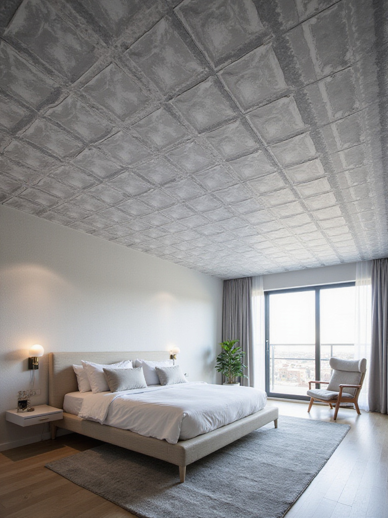 Modern bedroom with geometric patterned wallpaper on the ceiling.